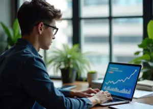 Предприниматель за ноутбуком с открытым приложением Telegram, показывающим рост канала и интерфейс сообщений