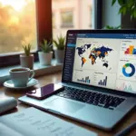 Рабочее место с ноутбуком, смартфоном и планом SMM-стратегии для малого бизнеса