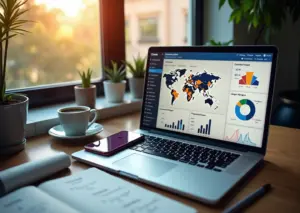Рабочее место с ноутбуком, смартфоном и планом SMM-стратегии для малого бизнеса