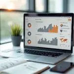 Цифровое рабочее место с ноутбуком, смартфоном и документами для построения личного бренда эксперта в сфере SMM и маркетинга малого бизнеса