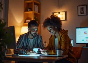 Владелец малого бизнеса сотрудничает с микроинфлюенсером для создания контента в социальных сетях в уютном офисе