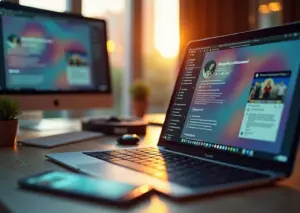 Рабочее место предпринимателя с ноутбуком и смартфоном, показывающее создание и оформление бизнес-профиля в социальных сетях для малого бизнеса