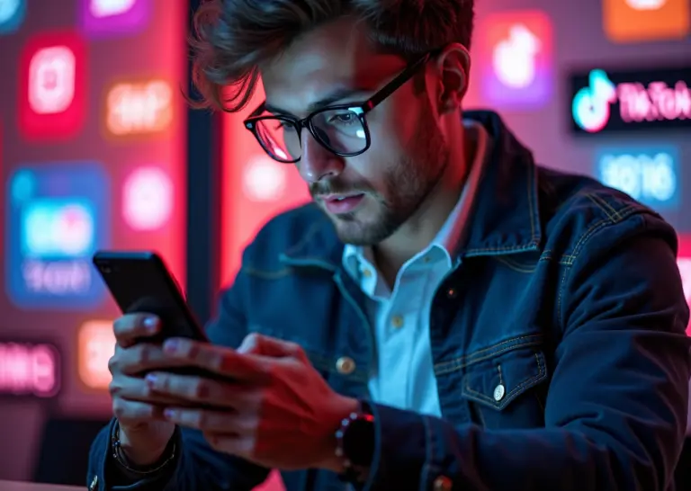 Предприниматель ведет продажи через социальные сети на смартфоне с популярными логотипами соцсетей на заднем плане