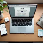 Самозанятый за столом пишет продающий пост: ноутбук с заметками формул AIDA и PAS, смартфон с лентой соцсетей, стикеры и визитки на русском