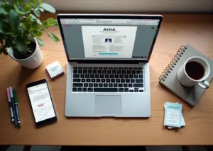 Самозанятый за столом пишет продающий пост: ноутбук с заметками формул AIDA и PAS, смартфон с лентой соцсетей, стикеры и визитки на русском