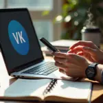 Самозанятый предприниматель работает с соцсетями на ноутбуке и смартфоне, рядом план продаж, стикеры и чашка кофе