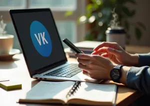 Самозанятый предприниматель работает с соцсетями на ноутбуке и смартфоне, рядом план продаж, стикеры и чашка кофе