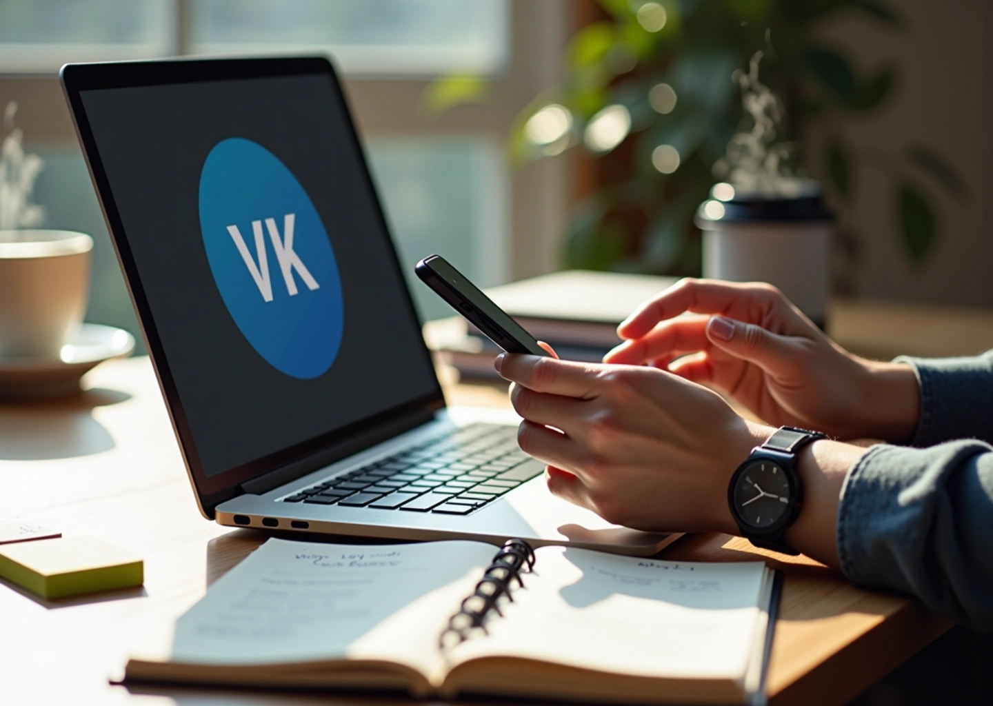 Самозанятый предприниматель работает с соцсетями на ноутбуке и смартфоне, рядом план продаж, стикеры и чашка кофе