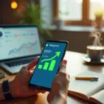 Малый предприниматель за рабочим столом смотрит на смартфон с открытым Telegram и растущим счётчиком подписчиков; рядом ноутбук с графиком роста и заметки с контент‑планом