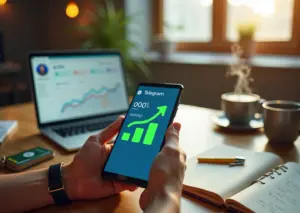 Малый предприниматель за рабочим столом смотрит на смартфон с открытым Telegram и растущим счётчиком подписчиков; рядом ноутбук с графиком роста и заметки с контент‑планом