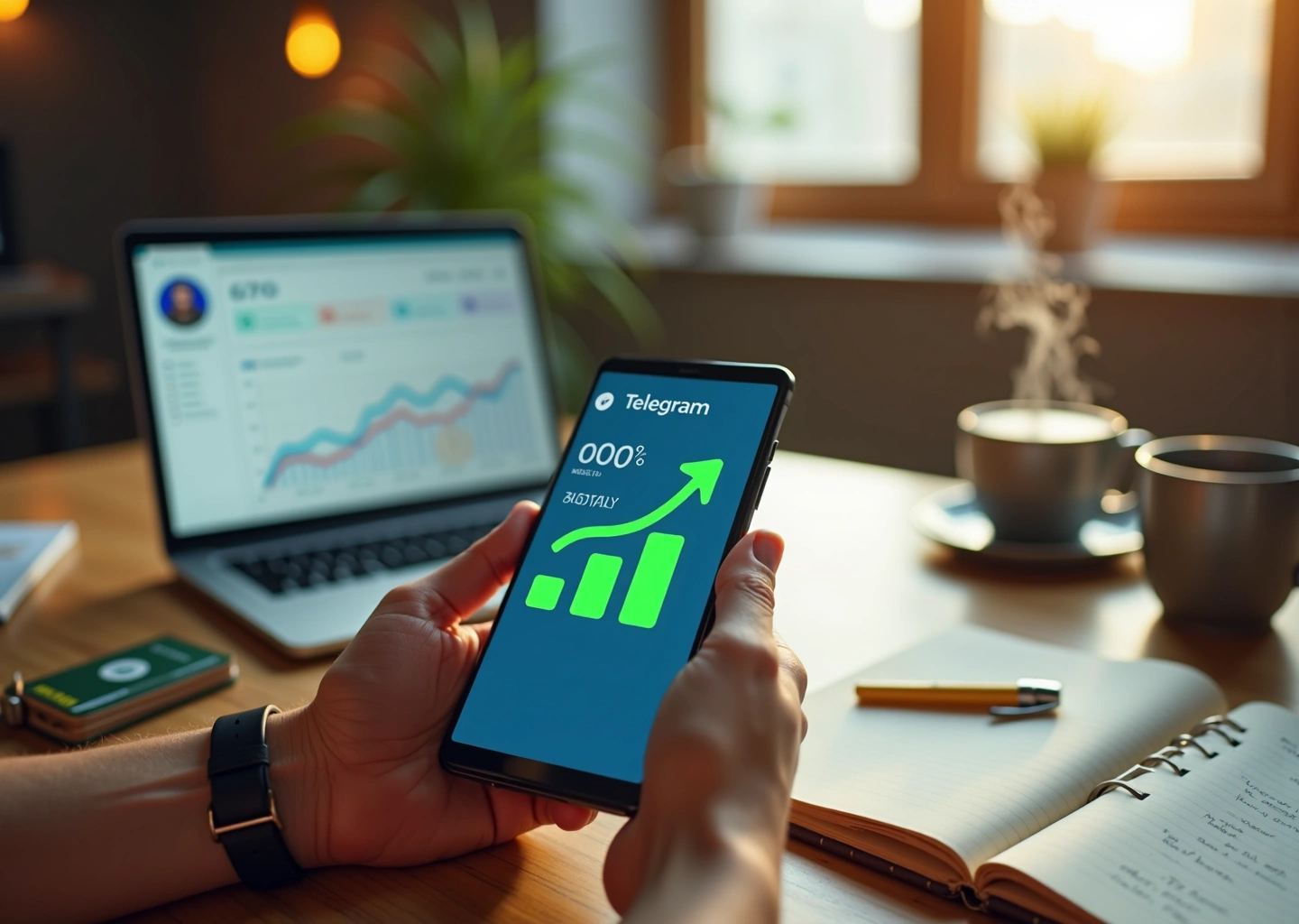 Малый предприниматель за рабочим столом смотрит на смартфон с открытым Telegram и растущим счётчиком подписчиков; рядом ноутбук с графиком роста и заметки с контент‑планом