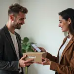 Малый бизнес и инфлюенсер обмениваются продуктом и согласовывают публикацию в соцсетях, на столе упаковка с логотипом на кириллице и смартфон с аналитикой.