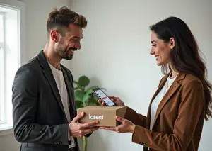 Малый бизнес и инфлюенсер обмениваются продуктом и согласовывают публикацию в соцсетях, на столе упаковка с логотипом на кириллице и смартфон с аналитикой.