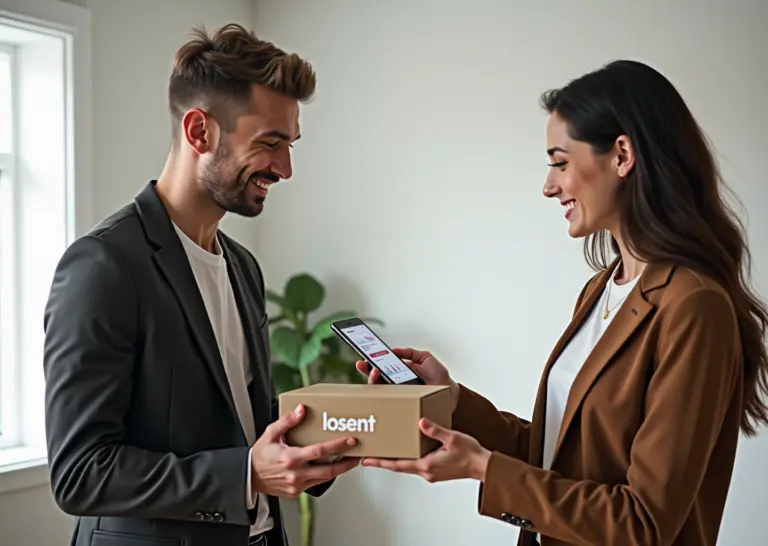 Малый бизнес и инфлюенсер обмениваются продуктом и согласовывают публикацию в соцсетях, на столе упаковка с логотипом на кириллице и смартфон с аналитикой.