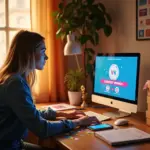 Предприниматель за ноутбуком делает объявление о розыгрыше в VK и Telegram, на столе призы и чек-лист