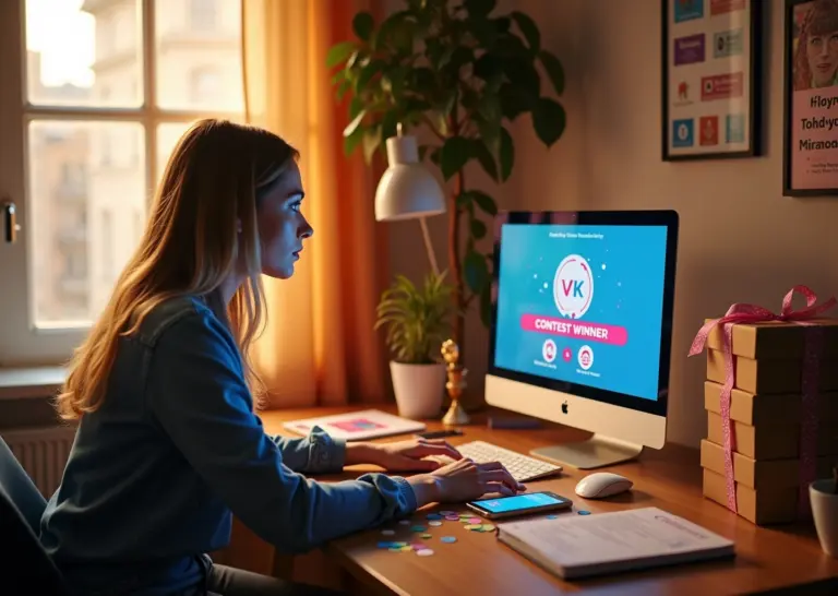 Предприниматель за ноутбуком делает объявление о розыгрыше в VK и Telegram, на столе призы и чек-лист