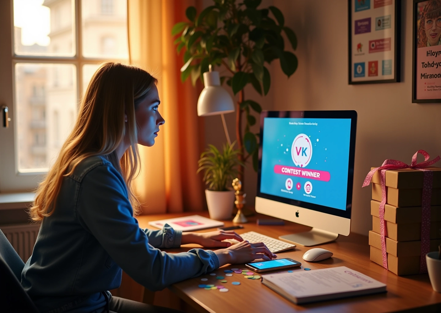 Предприниматель за ноутбуком делает объявление о розыгрыше в VK и Telegram, на столе призы и чек-лист