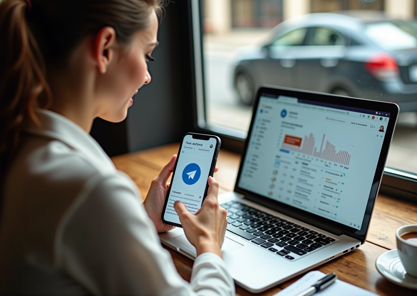 Владелец малого бизнеса смотрит на Telegram‑рекламу на смартфоне в кафе, на фоне ноутбук с аналитикой кампании