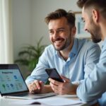 Самозанятый за ноутбуком просматривает политику конфиденциальности на сайте; рядом иконки платежей, почты, аналитики и соцсетей