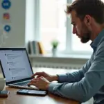 Владелец малого бизнеса за ноутбуком отвечает на негатив в соцсетях, рядом видны распечатанные скрипты и иконки VK Instagram Telegram