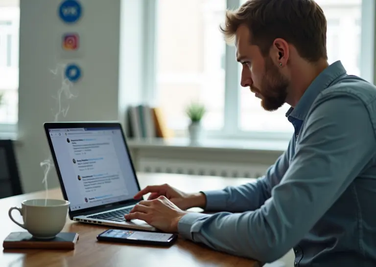 Владелец малого бизнеса за ноутбуком отвечает на негатив в соцсетях, рядом видны распечатанные скрипты и иконки VK Instagram Telegram