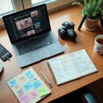 Рабочий стол самозанятого предпринимателя с ноутбуком, смартфоном и блокнотом контент-плана, иконки соцсетей на заметках.