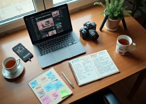 Рабочий стол самозанятого предпринимателя с ноутбуком, смартфоном и блокнотом контент-плана, иконки соцсетей на заметках.