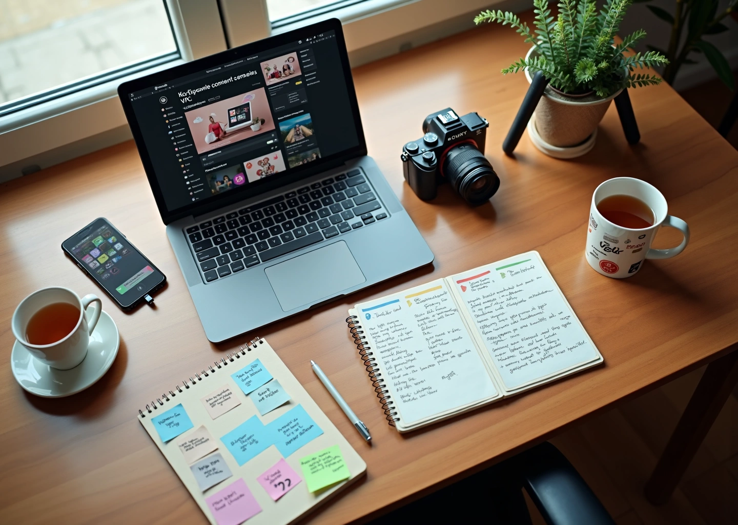 Рабочий стол самозанятого предпринимателя с ноутбуком, смартфоном и блокнотом контент-плана, иконки соцсетей на заметках.