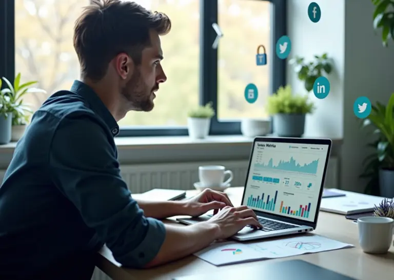 Рабочее место малого бизнеса с ноутбуком, показывающим дашборд Яндекс.Метрики и графики аналитики