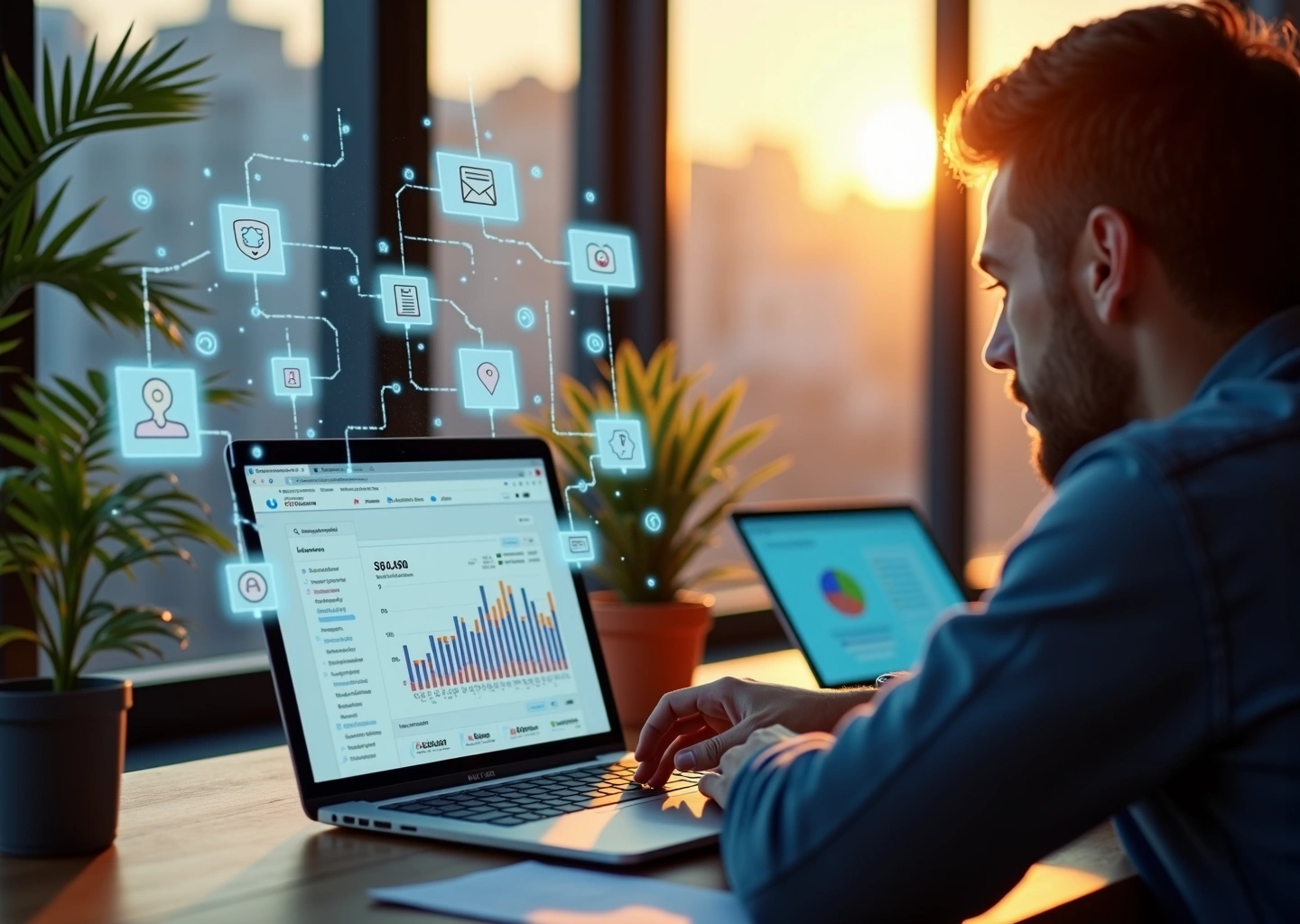 Рабочее место с ноутбуком, показывающим аналитику SMM, цифровые маркетинговые инструменты и графики роста малого бизнеса в России