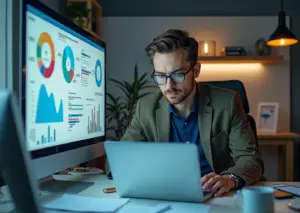 Малый бизнес владелец анализирует бюджет таргетированной рекламы с графиками и элементами цифрового маркетинга