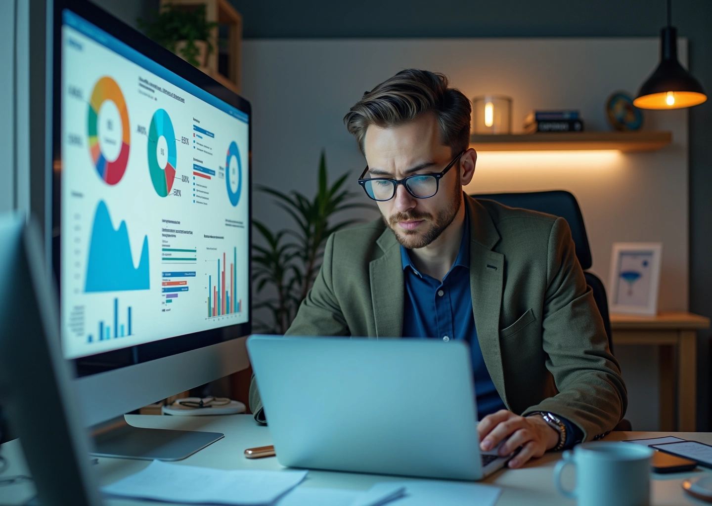 Малый бизнес владелец анализирует бюджет таргетированной рекламы с графиками и элементами цифрового маркетинга