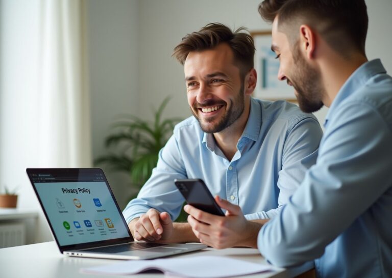 Самозанятый за ноутбуком просматривает политику конфиденциальности на сайте; рядом иконки платежей, почты, аналитики и соцсетей