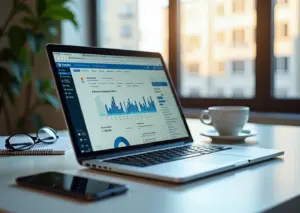 Рабочее место с ноутбуком, на экране которого интерфейс Яндекс.Директ, графики и маркетинговые диаграммы, современный офис