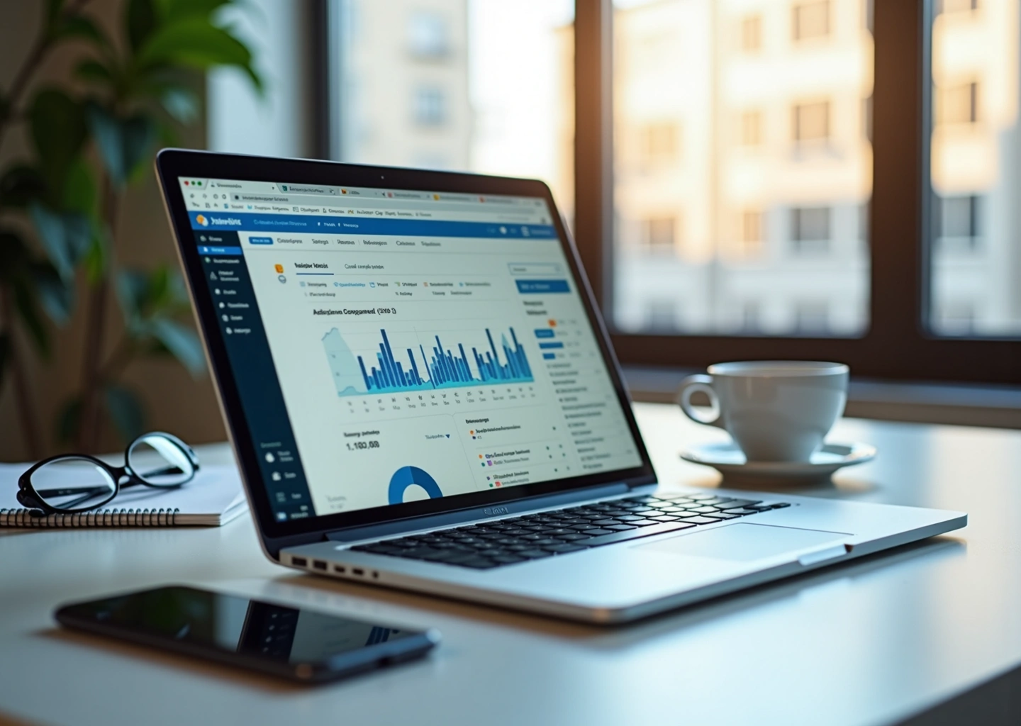 Рабочее место с ноутбуком, на экране которого интерфейс Яндекс.Директ, графики и маркетинговые диаграммы, современный офис