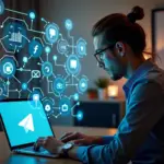 Малый бизнес владелец использует ноутбук с интерфейсом чат-бота Telegram на экране, окружён иконками маркетинга и цифровых навыков