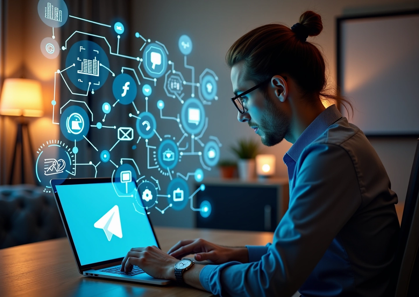 Малый бизнес владелец использует ноутбук с интерфейсом чат-бота Telegram на экране, окружён иконками маркетинга и цифровых навыков